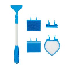 a blue and white toothbrush, cleaning sponges, and other items on a white background