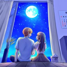 two people sitting on a window sill looking at the moon