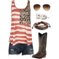 A fashion look from June 2013 featuring pink tank top, frayed cut off shorts and Laredo. Browse and shop related looks. Fest Outfits, Country Concert Outfit, Country Fashion, 4th Of July Outfits, Country Outfits, Country Girl