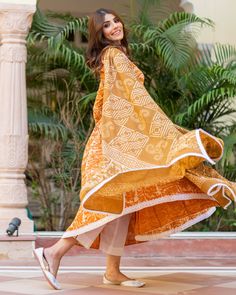 Cotton Dress Set - Mustard Colored Dabu Print - www.riafashions.com Cotton Dresses With Dupatta For Spring, Spring Cotton Dress With Dupatta, White Cotton Dupatta For Summer, Summer White Cotton Dupatta, Anarkali Kurtis, Dabu Print, Designer Anarkali Suits, Women Kurta, Designer Anarkali