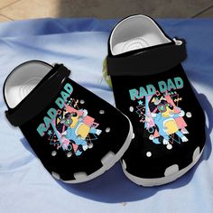 Special Rad Dad Bluey Clogs For Kids & Adults Blue Non-slip Fun Clogs, Fun Blue Non-slip Clogs, Playful Blue Round Toe Clogs, Playful Blue Closed Toe Clogs, Fun Black Non-slip Clogs, Black Non-slip Fun Clogs, Blue Fun Slip-on Clogs, Fun Blue Slip-on Clogs, Blue Slip-on Fun Clogs