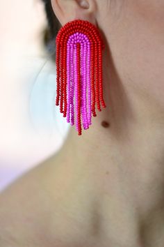 "Statement boho waterfall cascade chandelier tassel earrings Bohemian fringe Gold white blue black Red hot pink dangle beaded jewelry! They will be a wonderful accessory for any of your style! ♡I promise that you will always be in the spotlight with such earrings!♡ Size: length - 7.cm (2.8 inches) width - 3 cm (1.2 inches) ❤ CUSTOM ORDERS It is ABSOLUTELY HANDMADE . So if you like this item in a different color or size, send me a message please. I will send you a link for a \"custom order\" and Colorful Beads Dangle Chandelier Earrings, Colorful Beaded Dangle Chandelier Earrings, Dangle Chandelier Earrings With Colorful Beads, Trendy Fringe Jewelry Gift, Trendy Fringe Jewelry As Gift, Trendy Fringe Jewelry For Gifts, Trendy Fringed Jewelry As Gift, Dangle Tassel Chandelier Earrings, Fringe Dangle Chandelier Earrings