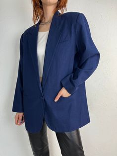 "- Vintage Nordstrom navy blue oversized blazer - Cotton linen shell with acetate lining - Padded shoulders - Tagged M  Chest: 22\" Length: 31\" Sleeve: 23.5\" Shoulder: 18\"" Navy Business Blazer For Spring, Oversized Blue Blazer For Workwear, Navy Blazer For Spring Workwear, Blazer Linen, Oversized Blazer, Cotton Linen, Im Not Perfect, Navy Blue, Adult Outfits