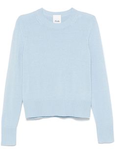 light blue cashmere knitted construction ribbed knit crew neck long sleeves straight hem Blue Fitted Cashmere Sweater, Fitted Blue Cashmere Sweater, Blue Cashmere Top With Ribbed Cuffs, Blue Long Sleeve Cashmere Sweater, Long Sleeve Blue Cashmere Sweater, Blue Cashmere Sweater For Fall, Fine Knit Light Blue Fall Sweater, Blue Crew Neck Cashmere Sweater, Crew Neck Blue Cashmere Sweater