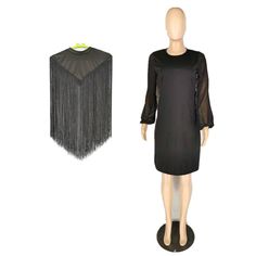 Two-piece Dress with Pure Color Fringe Shawl Knee-length Fringe Mini Dress For Cocktail, Knee-length Fringe Cocktail Dress, Elegant Long Sleeve Fringe Dress, Elegant Long Sleeve Dress With Fringe, Spring Formal Dress With Fringe, Long Sleeve Fringe Evening Dresses, Knee-length Fringe Dress For Spring, Spring Knee-length Dresses With Fringe, Black Suit Dress