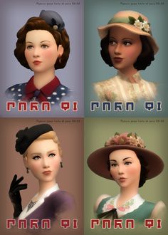 four different women in hats and dresses with the words mean o man girl on them