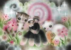 a drawing of two kittens sitting next to each other in front of some flowers