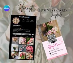 the business card is decorated with pink and white flowers, which are arranged in squares