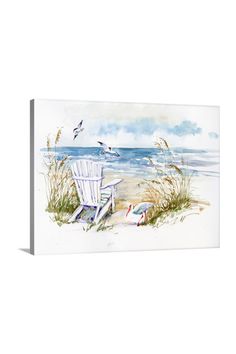 a white chair sitting on top of a sandy beach next to the ocean with seagulls flying over it