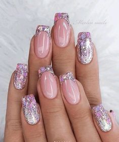 Merlin Nails, Summer Holiday Nails, Glitter French Nails, Purple Glitter Nails, Nails With Glitter, Holiday Nail Designs, Silver Nail, Fancy Nails Designs