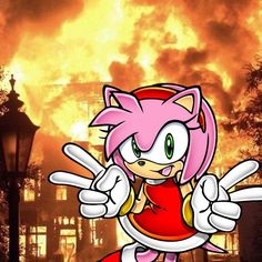 an image of a cartoon character in front of a fire with her arms out and eyes wide open