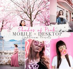 a collage of photos with the words shader of pink on it and pictures of women in front of cherry blossom trees