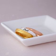 "♥ CUSTOM ENGRAVED RING ♥ * Material: Solid 925 Sterling Silver * Finishing: Silver - Yellow Gold - Rose Gold * Character limits: 8 characters * By default, silver items comes with BLACK engraving and gold-plated item comes with CLEAR engraving H O W * T O * O R D E R * Select your preferred COLOR from the menu. * Select your ring size from the menu. * Let us know the name or text (max. 8 characters) in the \"Note to GRSJewelry\" section during checkout. O T H E R * I N F O R M A T I O N * All o Ring With Name, Baby Bracelet Gold, Ring For Mom, Gold Character, Stacked Wedding Bands, Band Mom, Mom Ring, Silver Items, Fingerprint Jewelry