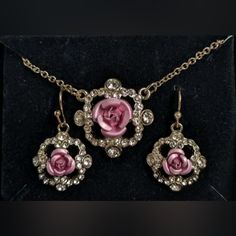 New, In Original Box! Never Worn, In Perfect Condition! Gold Tone Chain With Clear Rhinestones And Pink Metal Roses. Necklace Has Optional Extender. I Also Have The Matching Bracelet In Another Listing. Pink Jewelry Sets For Valentine's Day, Rose Metal Jewelry For Party, Feminine Rose Jewelry For Party, Elegant Pink Jewelry Sets For Formal Occasions, Feminine Rose Gold Metal Jewelry, Feminine Rose-colored Party Jewelry, Pink Jewelry Sets For Valentine's Day Party, Elegant Pink Metal Necklaces, Rose Gold Metal Jewelry Set For Gift