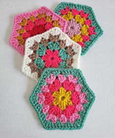 three crochet granny hexagons with text overlay that reads, free easy