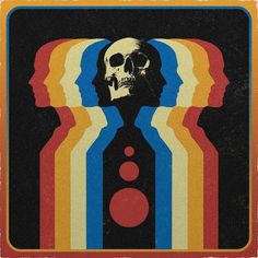 a colorful poster with a skull in the middle and stripes on it's face