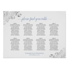 wedding seating chart with white flowers and gray text on the front, in black ink