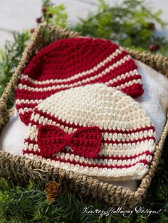 a red and white knitted hat in a basket