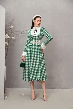 Ratih A-line Collared Neck Tweed Midi Dress | MEAN BLVD Fall A-line Midi Dress With Pleated Hem, Fall Tweed Midi Length Dress, Elegant Spring Tweed Midi Dress, Spring Formal A-line Tweed Dress, Green Tweed Dress For Workwear In Fall, Fall Tweed Knee-length Dresses, Fall Knee-length Tweed Dresses, Chic Tweed Midi Dress, Spring Midi Dress With Houndstooth Pattern