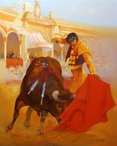 a painting of a bull with a man in yellow and red clothing standing next to it