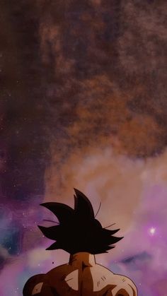 an animated image of a young gohan looking up at something in the sky with clouds behind him