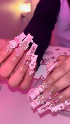 Hello Kitty Nails Medium Length, Hello Kitty Valentines Nails, Hello Kitty Junk Nails, Pink Nails Hello Kitty, Acrylic Nails Hello Kitty, Pink Junk Nails, Hello Kitty Acrylic Nails, Uñas Hello Kitty, Pink Hello Kitty Nails