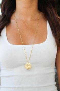 This large 14k gold fill or sterling silver necklace is perfect for layering! The 25mm charm is hammered to give a fun effect, and catch the light. It is paired with our flashy gold flattened chain to add even more sparkle! Shown here in 30 inch lengths. *If you are unsure of the length you need, or would like to wear this item at different lengths, we now offer an adjustable length option! You can add an adjustable end to your necklace using this link: https://www.etsy.com/listing/791277751/necklace-extension-added-to-your  Visit my website: www.jadedsb.com All items are gift wrapped and shipped without an invoice unless otherwise requested. Please let me know if you would like me to enclose a small card with a message and I will happily do so free of charge! All jewelry is handmade and I Gold Sterling Silver Medallion Necklace For Everyday, Hammered Yellow Gold Medallion Necklace As A Gift, Hammered Yellow Gold Medallion Necklace Gift, Everyday Hammered Medallion Jewelry, Everyday Hammered Coin Necklace With Round Pendant, Everyday Gold Jewelry With Large Pendant, Everyday Gold Charm Necklace With Large Pendant, Gold Hammered Brass Charm Necklaces, Dainty Hammered Recycled Gold Necklaces