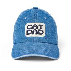 Adult "Cat Dad" Baseball Cap - Denim - The Cuddle Collab Blue Cotton Trucker Hat With Letter Print, Fun Cotton Baseball Cap With Letter Print, Fun Cotton Letter Print Baseball Cap, Casual Outdoor Baseball Cap For Father's Day, Blue Denim Dad Cap, Blue Denim Dad Hat, Blue Casual Baseball Cap With Letter Patch, Casual Blue Baseball Cap With Letter Patch, Blue Casual Hat With Letter Patch