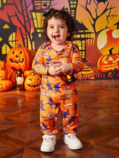 Newborn Baby Girl Halloween Graphic Print Jumpsuit, Casual Daily Wear, For Halloween Party Multicolor   Long Sleeve Knitted Fabric   Non-Stretch  Baby Girls Clothing, size features are:Bust: ,Length: ,Sleeve Length: Jumpsuit Casual, Halloween Graphic, Print Jumpsuit, Girl Halloween, Newborn Baby Girl, Girl Onesies, Printed Jumpsuit