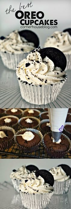 an image of cupcakes with white frosting and oreo cookies