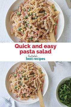 two plates filled with pasta and peas