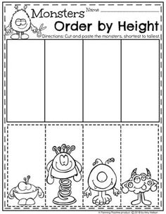 the monster's order by height worksheet is shown in black and white