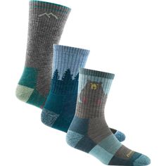 Den-quality Merino Wool warmth for cozy hibernating. This been-there-wicked-that collection of burly, hike-savvy socks has got all the cushioned performance needed for scaling peaks— or just climbing mount sofa. This bundle includes our Bear Town Micro Crew, Light Cushion in Aqua, Treeline Micro Crew, Cushion in Blue, and Hiker Boot Sock, Full Cushion socks in Slate. Hiking Socks Womens, Darn Tough Socks, Merino Wool Socks, Work Socks, Thru Hiking, We Bear, Hiking Socks, Sock Animals, Quiver