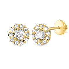 These shimmering stud earrings will make your little cutie feel so grown up. Crafted in 14K yellow gold On each, a bright round-cut cubic zirconia is haloed by smaller cubic zirconia stones The earrings secure with screw backs Yellow Gold Cluster Earrings With Diamond Accents, Gold Cubic Zirconia Cluster Earrings, Round Cut, Gold Round Cut Cubic Zirconia Cluster Earrings, Yellow Gold Cluster Earrings With Diamond Cut, 14k Gold Halo Diamond Earrings, Yellow Gold Round Cut Diamond Cluster Earrings, Gold Cubic Zirconia Halo Diamond Earrings, Yellow Gold Cubic Zirconia Cluster Earrings, Yellow Gold Cluster Earrings With Cubic Zirconia