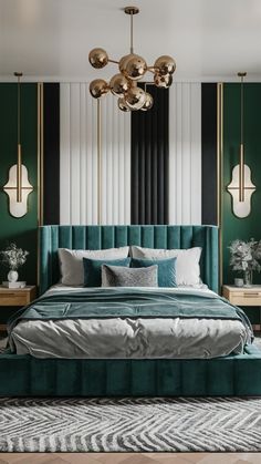 a bedroom with green walls and gold accents on the headboard, bedding, rugs and lamps