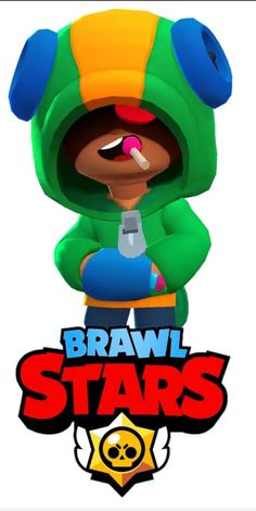 the brawl stars character is holding a cell phone in his hand and wearing a green hoodie