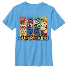 Some of your favorite cast of video game characters take centerstage on the Nintendo Super Mario Characters in Stripes Turquoise T-Shirt. Mario, Luigi, Bowser, and Donkey Kong are featured in front of bright colored stripes on a durable youth turquoise tee. 100% Cotton. Printed in the U.S.A. Printed With Eco-Friendly Inks Machine Washable Fifth Sun Fashionable Slim-Fit Luigi Bowser, Super Mario Characters, Mario Luigi, Mario Brothers, Game Characters, Donkey Kong, Boy Tees, Video Game Characters, Slim Fit Shorts