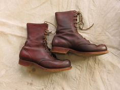 Vintage 1950s Red Wing Irish Setter boots, with original box. In very good condition, red color has been applied to the edges of the soles, general light wear.  Some wear and tear to box. Small size, very narrow which makes them fit smaller- marked Men's 8 C (Narrow), fits Men's 7.5, women's 9. Exterior sole measures 11 inches in length, interior insole is approx 10.25 inches in total length, exterior width is 3.75 inches, height is 8 inches from insole to top of ankle. Please ask any questions Irish Setter Boots, Sport Boots, Red Wing Boots, Irish Setter, Red Wing, Red Wings, Work Boots, Vintage 1950s, 11 Inches