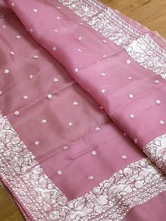 Pure organza silk parsi gara figure border saree with blouse and sleeves work. Pure Organza Silk Sarees, Chudithar Design, Parsi Gara Saree, Saree Colors, Organza Sari, Saree Pic, Saree Organza, Pure Chiffon Sarees, Woolen Clothes