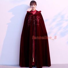 eBay  Womens Hooded Cape Pleuch Cloak Floor-length Thicken Wedding Dress Fashion Bride   Condition: 100%  Brand new & High quality    Size: One Size  Material: velvet Color: wine red Occasion : Casual, Fashion Dear friend: If you feel difficult to choose the size ,you can feel free to contact us, we will give you some suggestion,but it is for you reference only.       About Feedback 1.      Feedback is VERY important to us. 2.      We work very hard to exceed your expectations. We make our living by offering a quality product at a  competitive price, all while offering the BEST customer experience in the  industry.  3.     If you are not satisfied with the item, please Contact Me before you leave me negative feedback, we will try our best to solve the problem to make you satisfied. Payment Red Cloak Outfit, Long Winter Wedding Outerwear, Red Velvet Outerwear For Winter, Red Velvet Winter Outerwear, Winter Ceremony Long Sleeve Outerwear, Velvet Cape Dress, Cloak Outfit, Wedding Dress Fashion, Fashion Bride