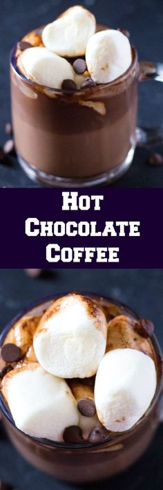 hot chocolate and marshmallows in a glass bowl with the words hot chocolate coffee