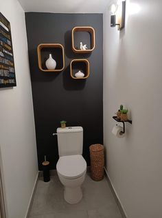 a white toilet sitting in a bathroom next to a wall mounted shelf with shelves on it