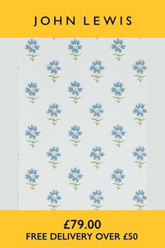 a blue and white flowered wallpaper with the words john lewis $ 79 00 free delivery over $ 50