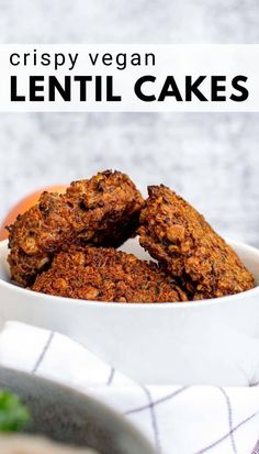 crispy vegan lentil cakes in a white bowl on top of a table