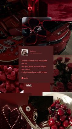 a collage of red images with hearts and sunglasses on them, including a heart - shaped object in the middle