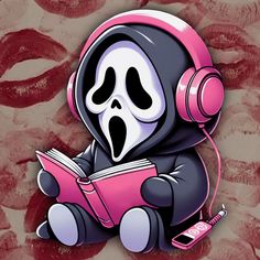 a cartoon character is reading a book with headphones on