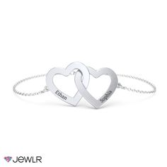 A classic symbol of love and connection, create a unique look with this beautiful interlocking hearts bracelet. Design a meaningful gift for yourself or someone special by personalizing each heart with an engraved name or date. Great for layering or wearing on its own, this bracelet is customizable in sterling silver, white, yellow, or rose gold and includes a spring-ring clasp and a 1-inch extender for the right fit. Personalized Heart Pendant Bracelets For Anniversary, Customizable Heart-shaped Anniversary Bracelet, Heart-shaped Name Bracelets For Anniversary, Heart-shaped Engraved Name Bracelet For Anniversary, Elegant Personalized Heart Bracelet With Name, Personalized Sterling Silver Heart Bracelet, Heart-shaped Engraved Bracelets For Anniversary, Personalized Elegant Sterling Silver Heart Bracelet, Elegant Engraved Heart Bracelet For Valentine's Day