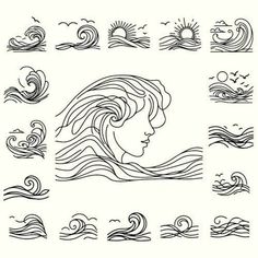 the silhouettes of waves and sun in black ink on white paper, each with different shapes