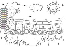 a coloring page with a train on the tracks and clouds in the sky above it