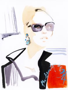 a drawing of a woman wearing sunglasses and holding a book